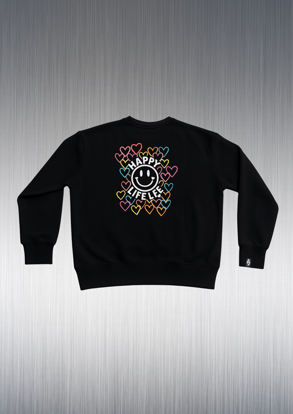 Sudadera Garufyty Happy Life Oversize Negra – Felpa Italiana 300g con Capucha o Cuello Redondo
