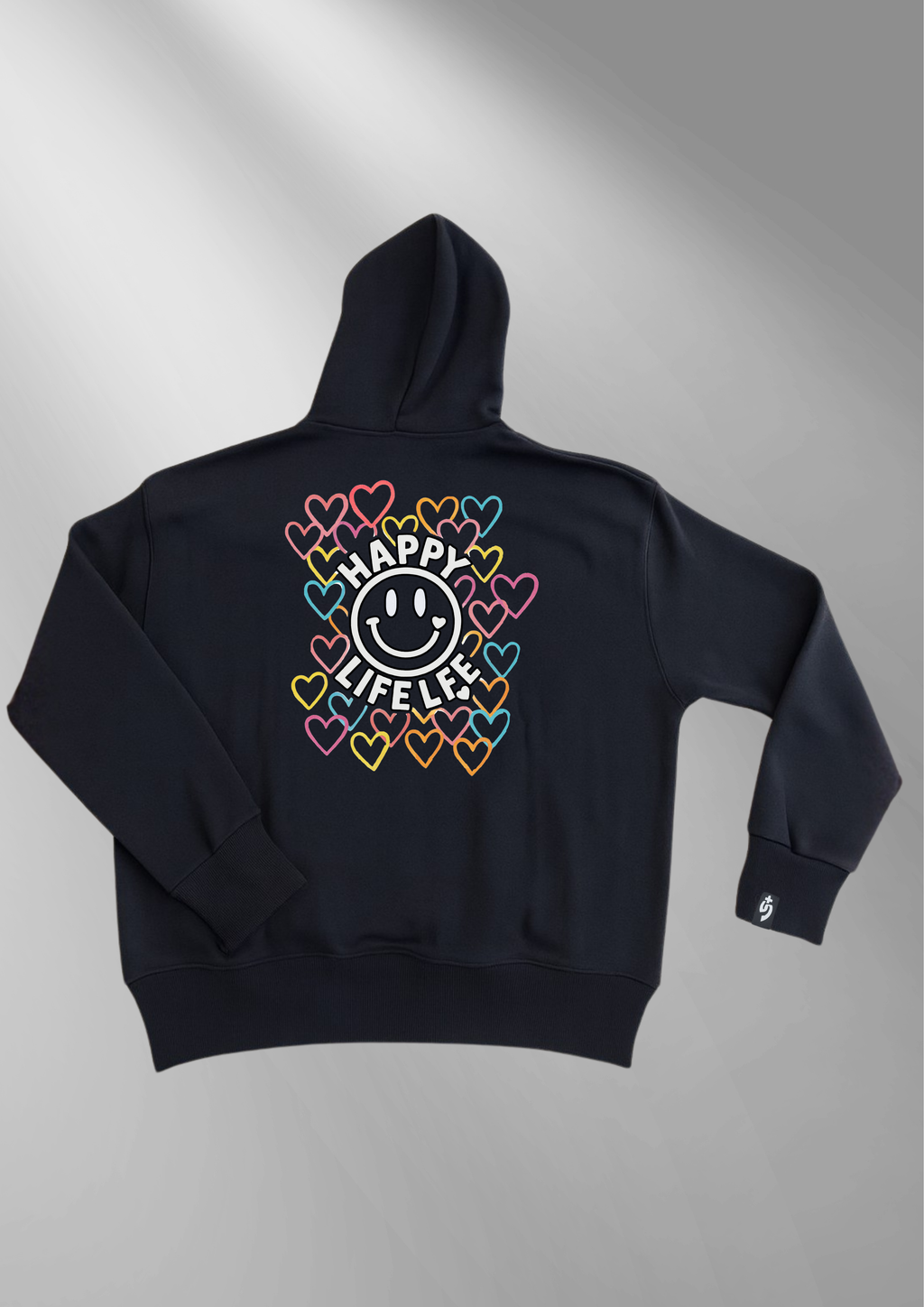 Sudadera Garufyty Happy Life Oversize Negra – Felpa Italiana 300g con Capucha o Cuello Redondo